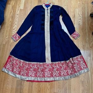 Navy Blue Red Gold Anarkali Indian Suit with Dupatta